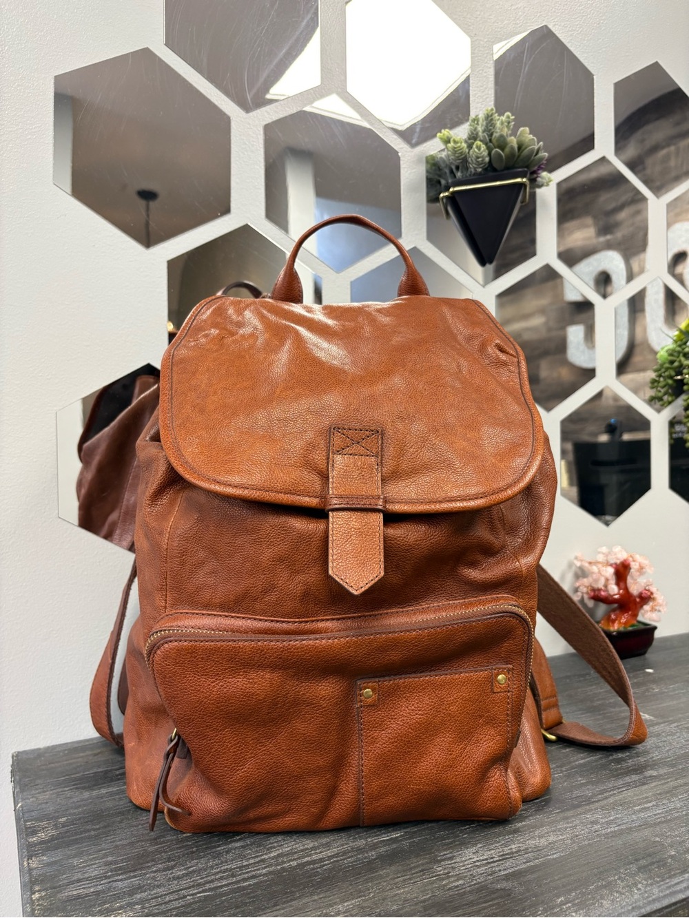 Fossil Tan Leather Backpack with Front Pocket